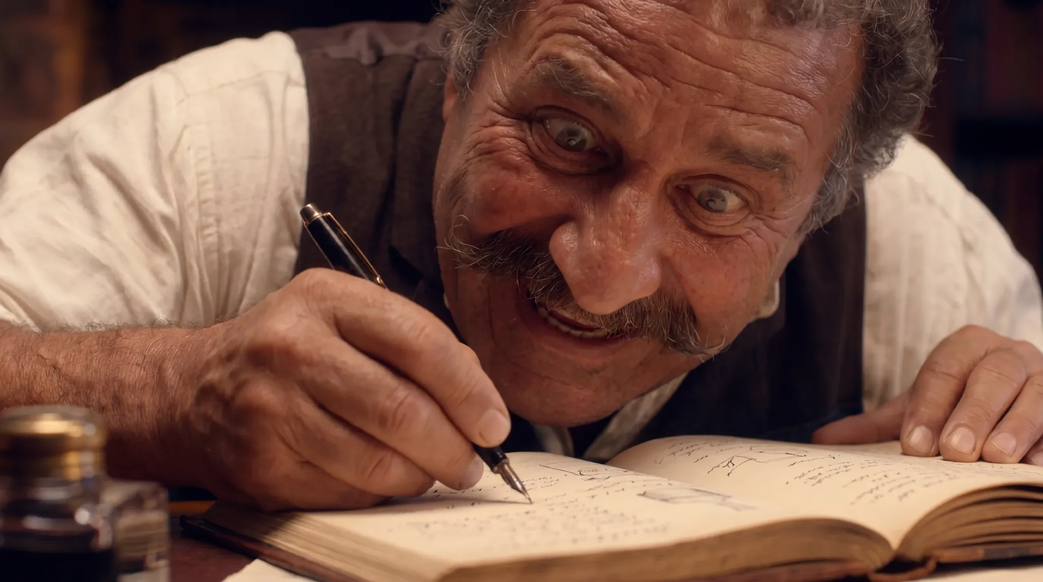 Writer working closely over an open book