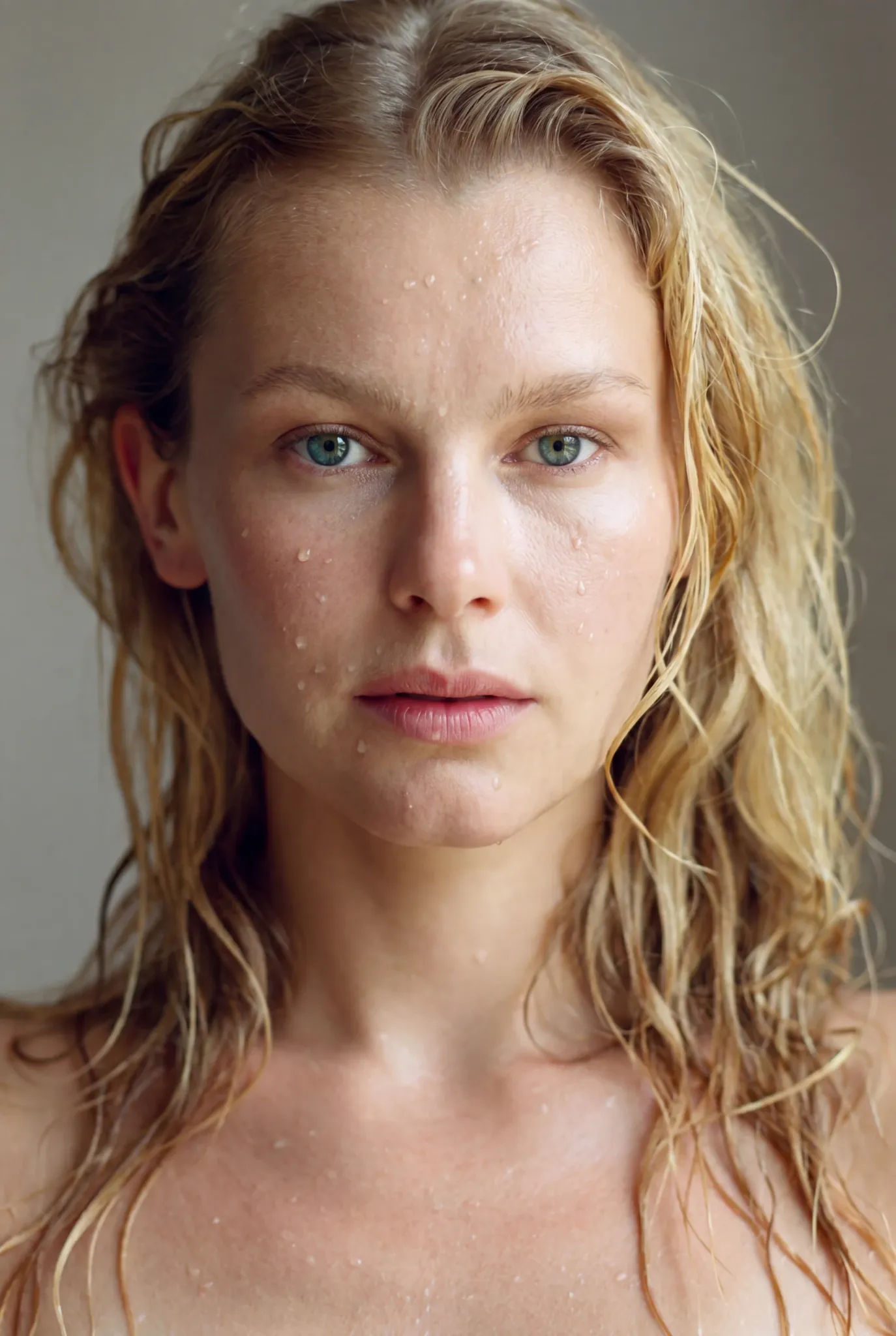 Frontal beauty portrait with wet hair