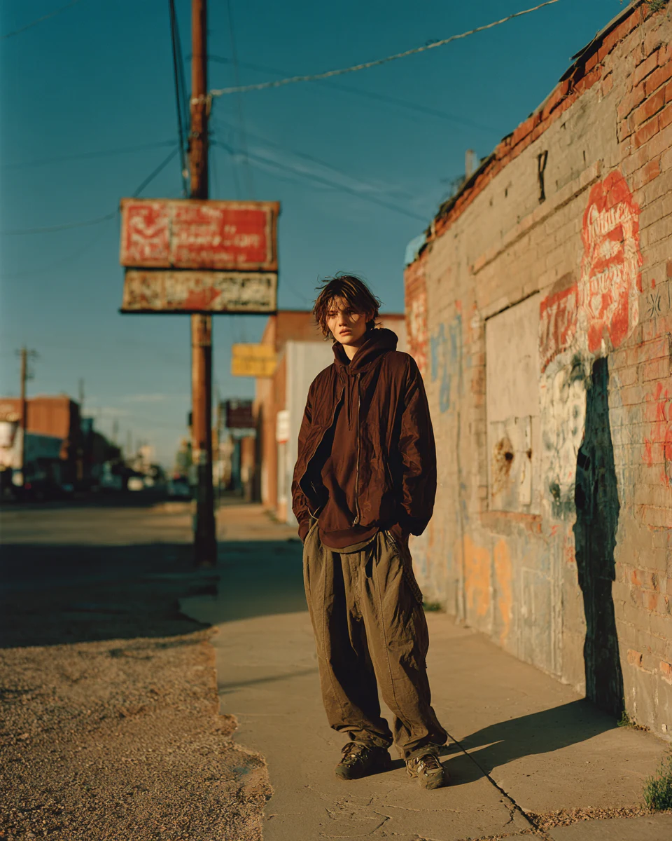 Fashion portrait in a sunlit industrial street