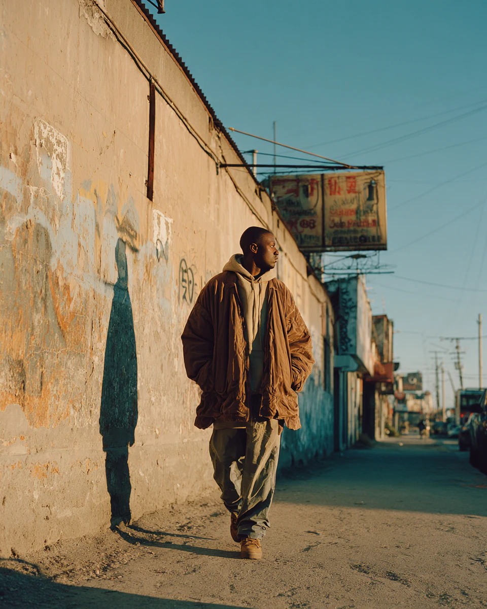 Streetwear portrait beside a weathered wall