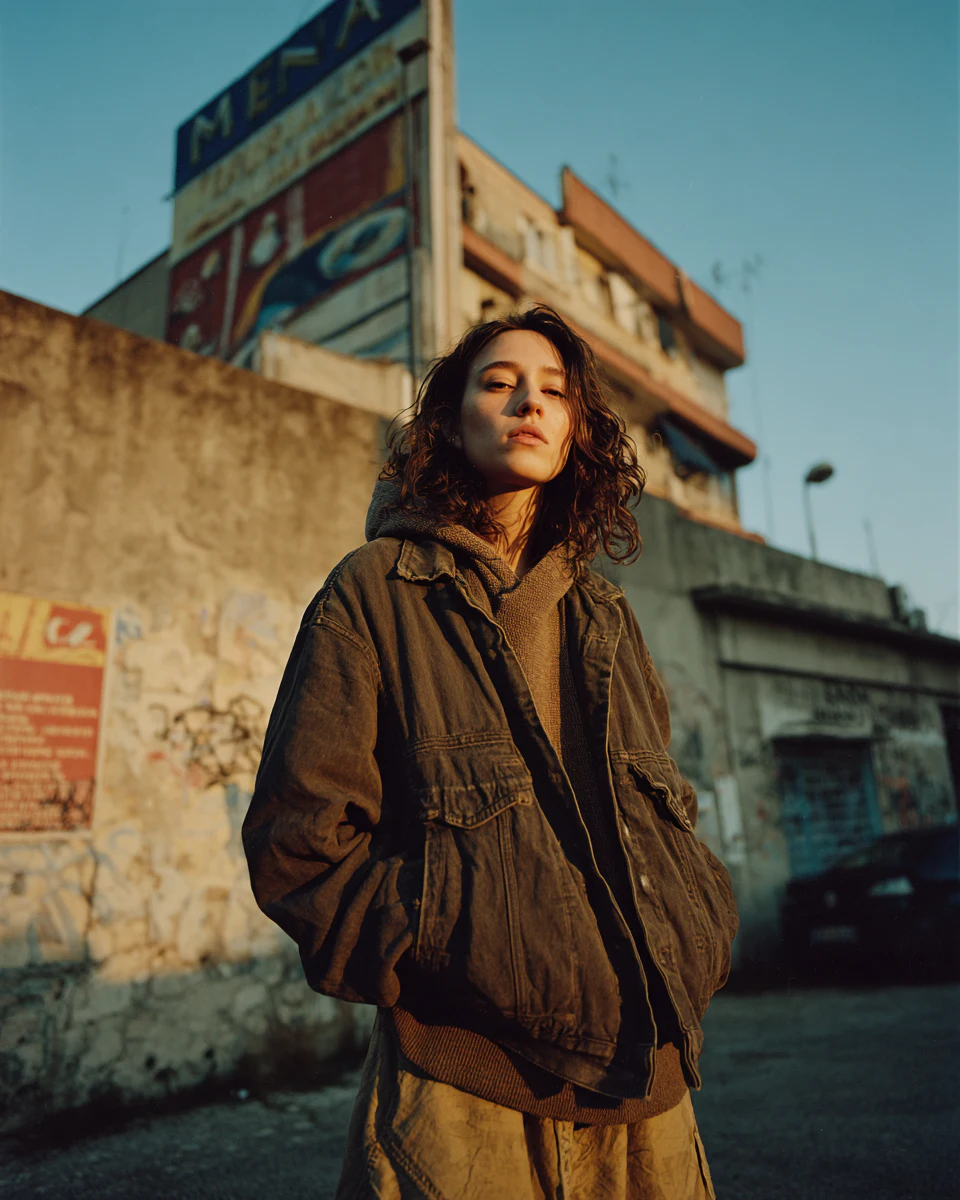 Low-angle fashion portrait in warm street light