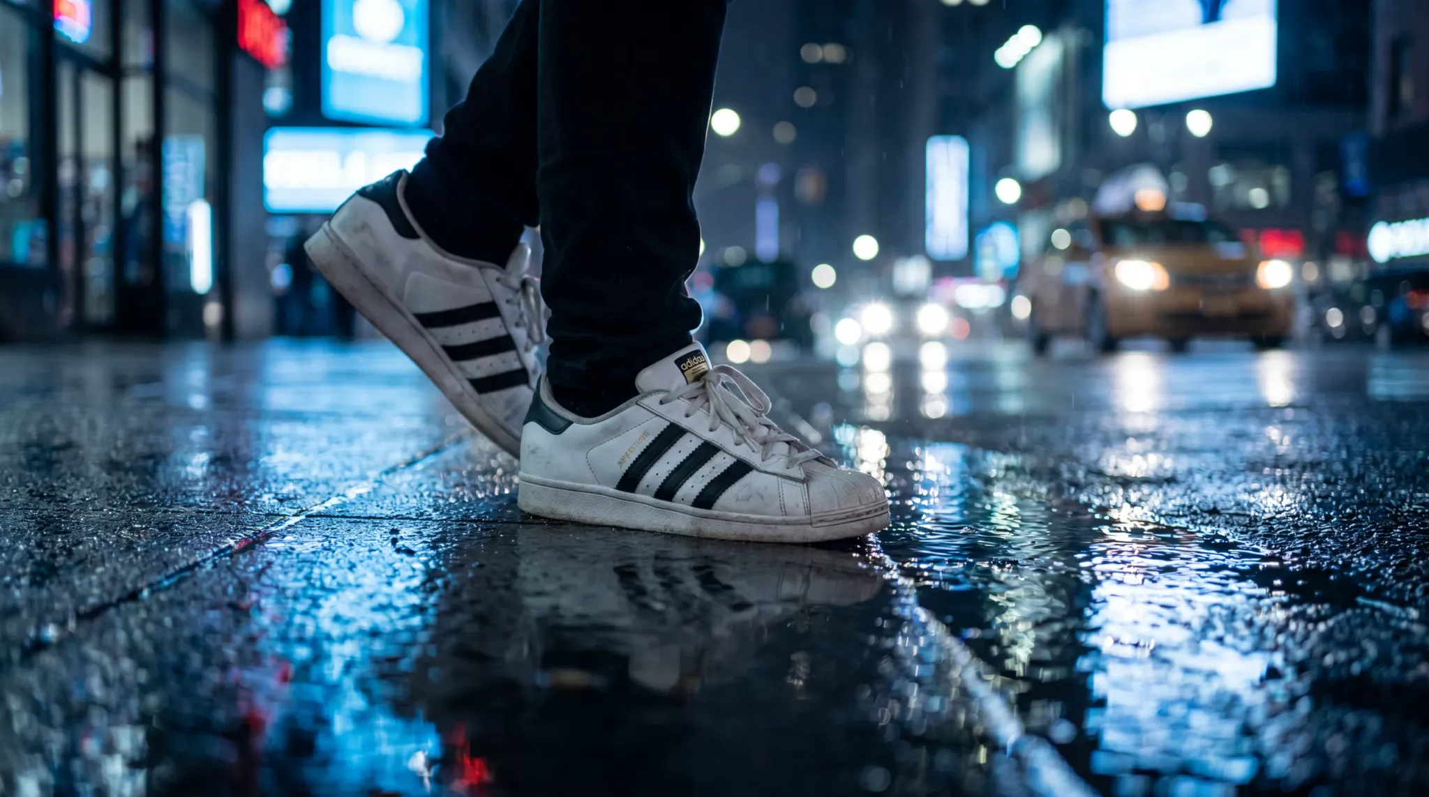 Adidas Superstar shoes crossing a wet city street
